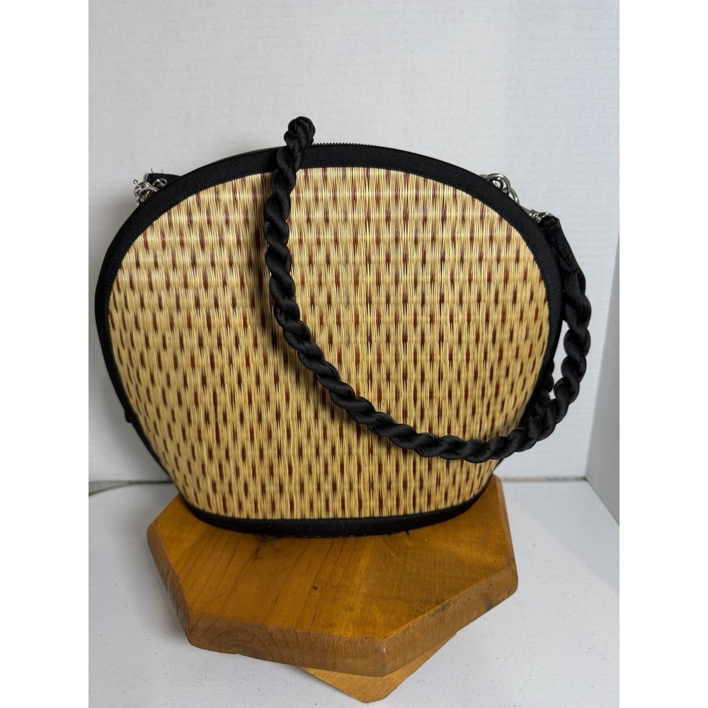 Handwoven Cambodian Woven‎ Straw Crossbody Bag Black Trim Braided Strap